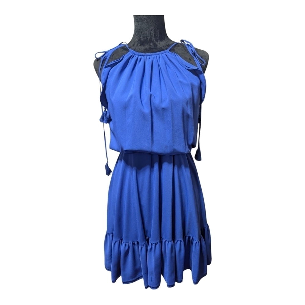 BEBE Cobalt Blue Halter Ruffled Tassel Tiered Hem Mini Dress